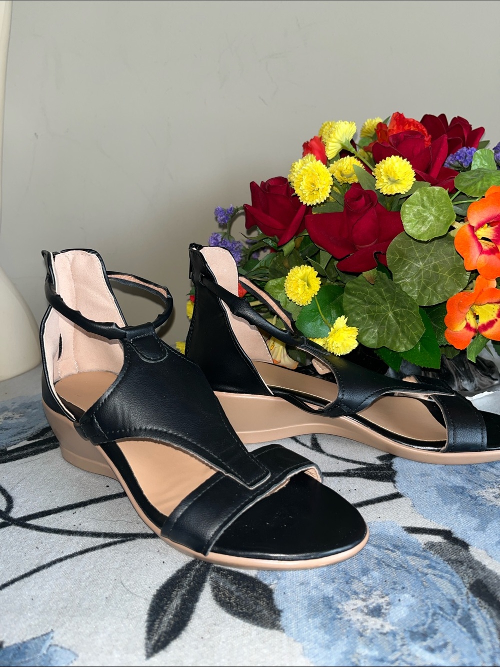 Women's Black Ankle-Strap Low Wedge Sandals